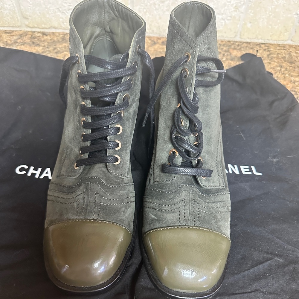 Chanel army green suede combat boots